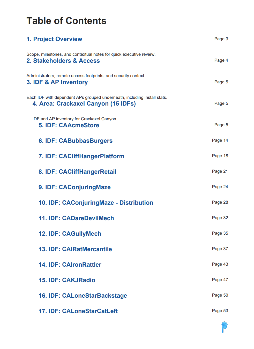 Closeout report table of contents